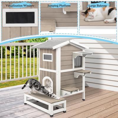 Show full view: Petscosset Outdoor Two-Story Cat House with Raised Base, Gray, 22.8 x 31 x 35.4-in slide 7 of 9