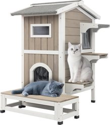 Petscosset Outdoor Two-Story Cat House with Raised Base, Gray, 22.8 x 31 x 35.4-in