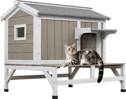 Petscosset Outdoor Cat House with Raised Base & Openable Roof, Gray, 28.7 x 25.6 x 26.3-in