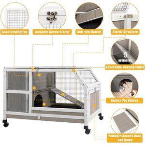 Petscosset 36-in Wooden Small Pet Hutch with Wheels, Gray, 36.22 x 20.87 x 24.4-in