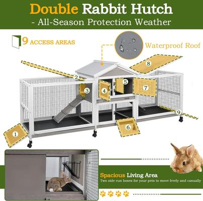 Show full view: Petscosset 93-in Wooden Indoor Small Pet Hutch with Double Run, Gray, 93 x 22.1 x 35-in slide 5 of 8