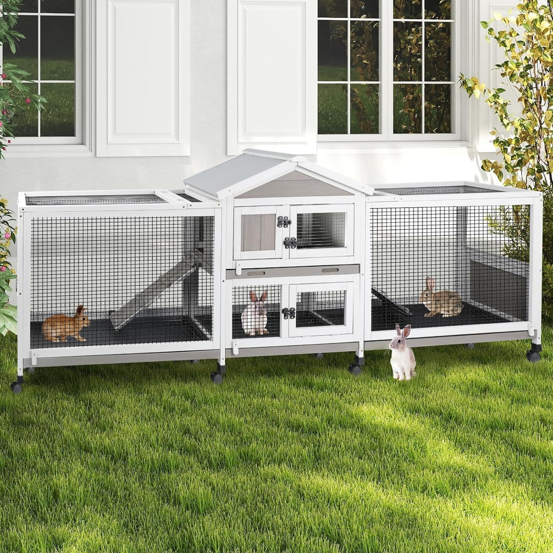 Petscosset 93-in Wooden Indoor Small Pet Hutch with Double Run, Gray, 93 x 22.1 x 35-in
