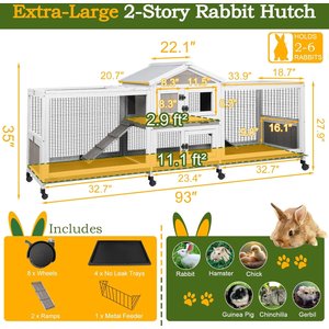 Petscosset 93-in Wooden Indoor Small Pet Hutch with Double Run, Gray, 93 x 22.1 x 35-in