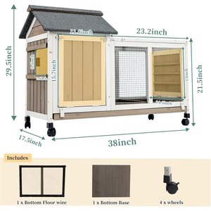 Petscosset 38-in Wooden Indoor Small Pet Hutch with Wheels, Gray, 38 x 17.5 x 29.5-in