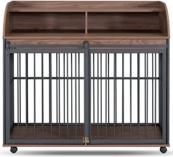AOSTIRMOTOR Wooden Heavy Duty Furniture Dog Crate with Lockable Wheels, 44 inch, Brown