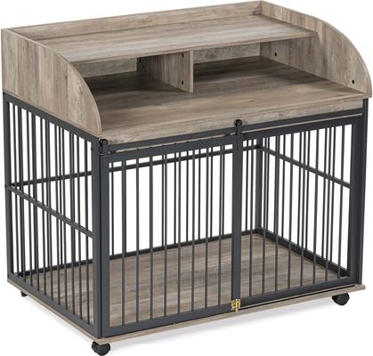 Show full view: AOSTIRMOTOR Wooden Heavy Duty Furniture Dog Crate with Lockable Wheels, 44 inch, Gray slide 5 of 9