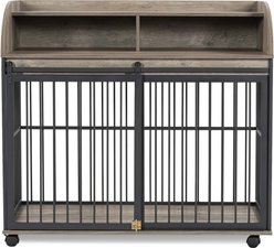 AOSTIRMOTOR Wooden Heavy Duty Furniture Dog Crate with Lockable Wheels, 44 inch, Gray