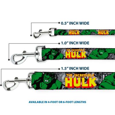 Show full view: Buckle-Down Marvel Comics The Incredible Hulk Action Poses Stacked Comics Polyester Dog Leash, Green, 6-ft long, 1-in wide slide 3 of 6