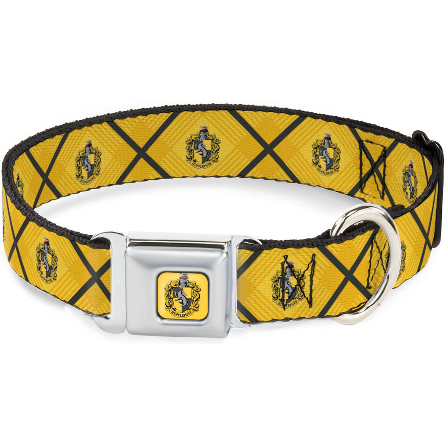 Buckle-Down The Wizarding World of Harry Potter Hufflepuff Crest Plaid Dog Collar, Large: 15 to 24-in neck, 1-in wide
