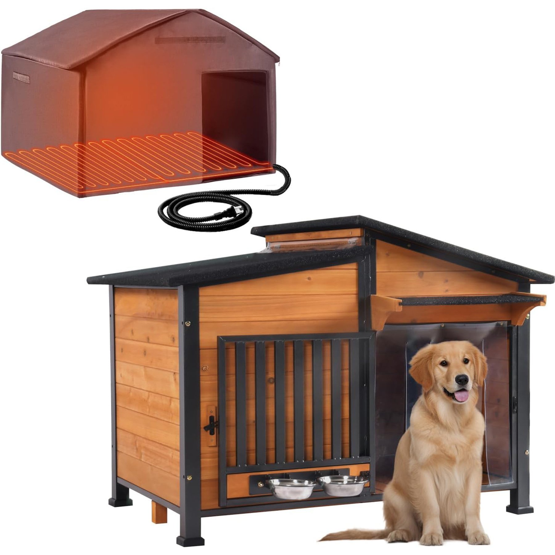 Aivituvin Insulated Metal Frame Wooden Outdoor Heated Dog House, Brown, Medium