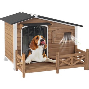 Aivituvin Metal Frame Wood Outdoor Dog House, Medium, Dark Brown