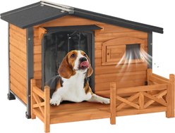 Aivituvin Metal Frame Wood Outdoor Dog House, Medium, Brown