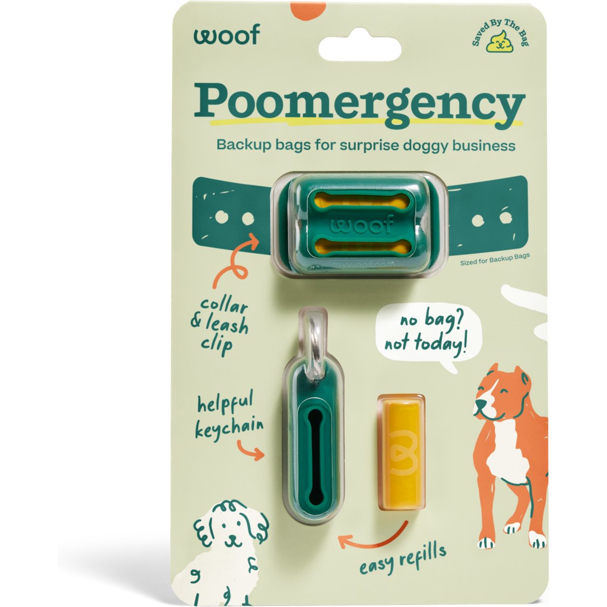 Woof Poomergency Starter Pack Dog Poop Bag Holder for Collar with 3 Emergency Refills, Green