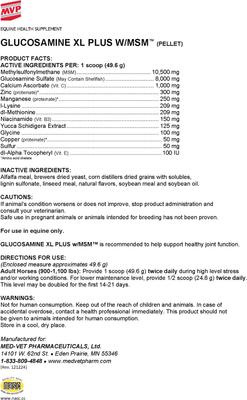 Show full view: Med-Vet Pharmaceuticals (MVP) Glucosamine + MSM Pellets Horse Joint Supplement, 15-lb slide 2 of 2