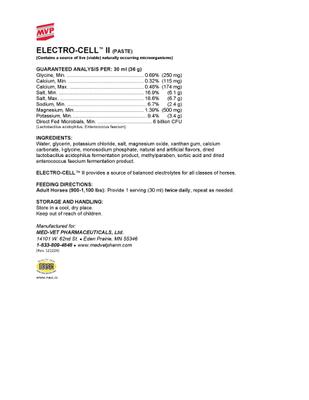 Show full view: Med-Vet Pharmaceuticals (MVP) Electro-Cell Paste Horse Electrolyte Supplement, 60-mL syringe slide 2 of 6