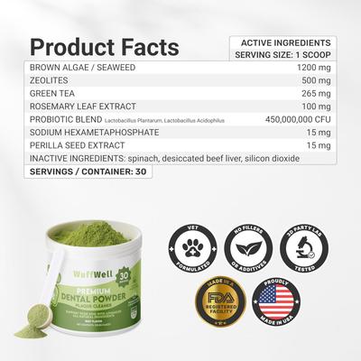 Show full view: Wuffwell Dental Cleaning Powder with Probiotics for Dogs, 2-oz slide 3 of 10
