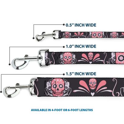 Show full view: Buckle-Down Sugar Skulls Polyester Dog Leash, Pink, 4-ft long, 1-in wide slide 4 of 7