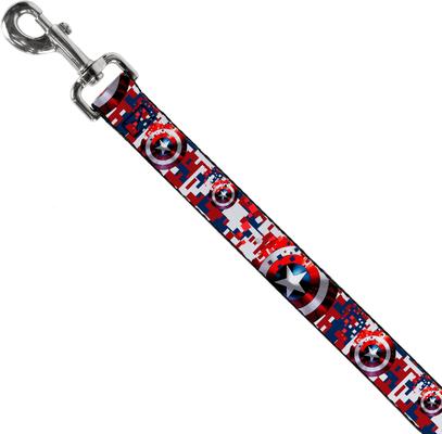 Show full view: Buckle-Down Marvel Comics Captain America Shield Digital Camo Polyester Dog Leash, Red, 6-ft long, 1-in wide slide 2 of 6