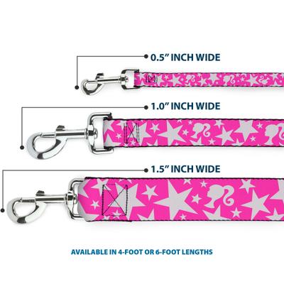 Show full view: Buckle-Down Mattel Barbie Ponytail Silhouette & Star Scattered Polyester Dog Leash, Pink, 6-ft long, 1-in wide slide 3 of 6