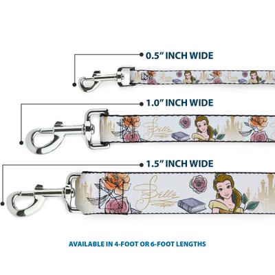 Show full view: Buckle-Down Disney Beauty & the Beast Belle Castle Pose with Script Polyester Dog Leash, Yellow, 4-ft long, 1-in wide slide 4 of 7