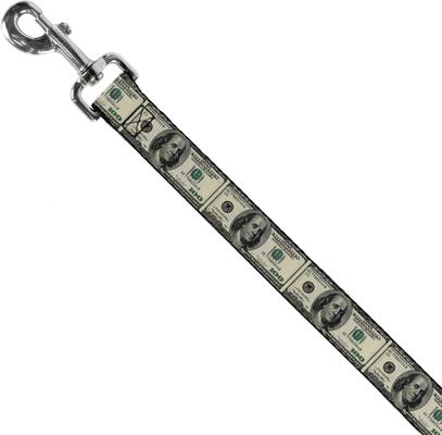 Show full view: Buckle-Down 100 Dollar Bills Polyester Dog Leash, 6-ft long, 1-in wide slide 2 of 6