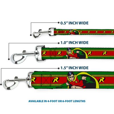 Show full view: Buckle-Down DC Comics Robin Action Pose Logo Stripe Polyester Dog Leash, 6-ft long, 1-in wide slide 3 of 6