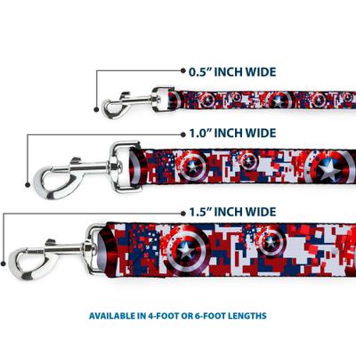Show full view: Buckle-Down Marvel Comics Captain America Shield Digital Camo Polyester Dog Leash, Red, 6-ft long, 1-in wide slide 3 of 6