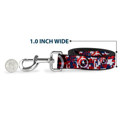 Show full view: Buckle-Down Marvel Comics Captain America Shield Digital Camo Polyester Dog Leash, Red, 6-ft long, 1-in wide slide 5 of 6