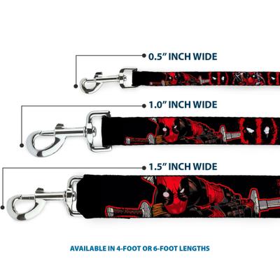 Show full view: Buckle-Down Marvel Comics Deadpool Action Poses Splatter Logo Polyester Dog Leash, Red, 6-ft long, 1-in wide slide 4 of 7