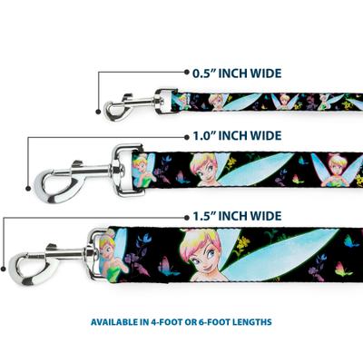 Show full view: Buckle-Down Disney Glowing Tinker Bell Butterflies Flowers Polyester Dog Leash, Black, 4-ft long, 1-in wide slide 3 of 6