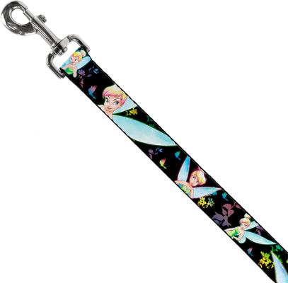 Show full view: Buckle-Down Disney Glowing Tinker Bell Butterflies Flowers Polyester Dog Leash, Black, 4-ft long, 1-in wide slide 2 of 6