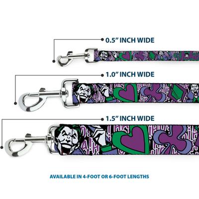 Show full view: Buckle-Down DC Comics Joker Face Logo Spades Polyester Dog Leash, Purple, 6-ft long, 1-in wide slide 4 of 7
