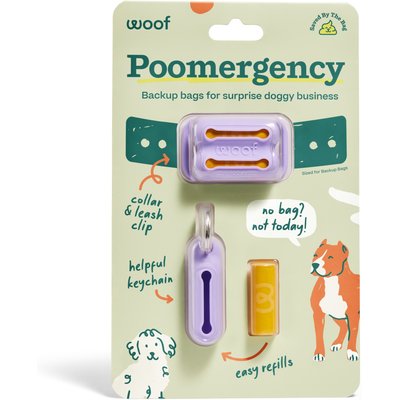 Woof Woof Poomergency Starter Pack Dog Poop Bag Holder for Collar with 3 Emergency Refills, Lavender