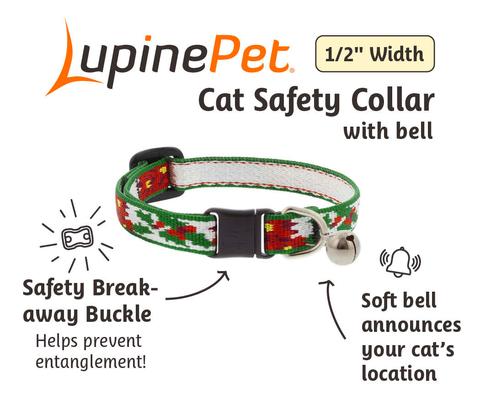 Show full view: LupinePet Christmas Design Adjustable Breakaway Buckle Safety Cat Collar with Bell, 8 to 12-in neck, 1/2-in wide, Happy Holidays Green slide 2 of 4