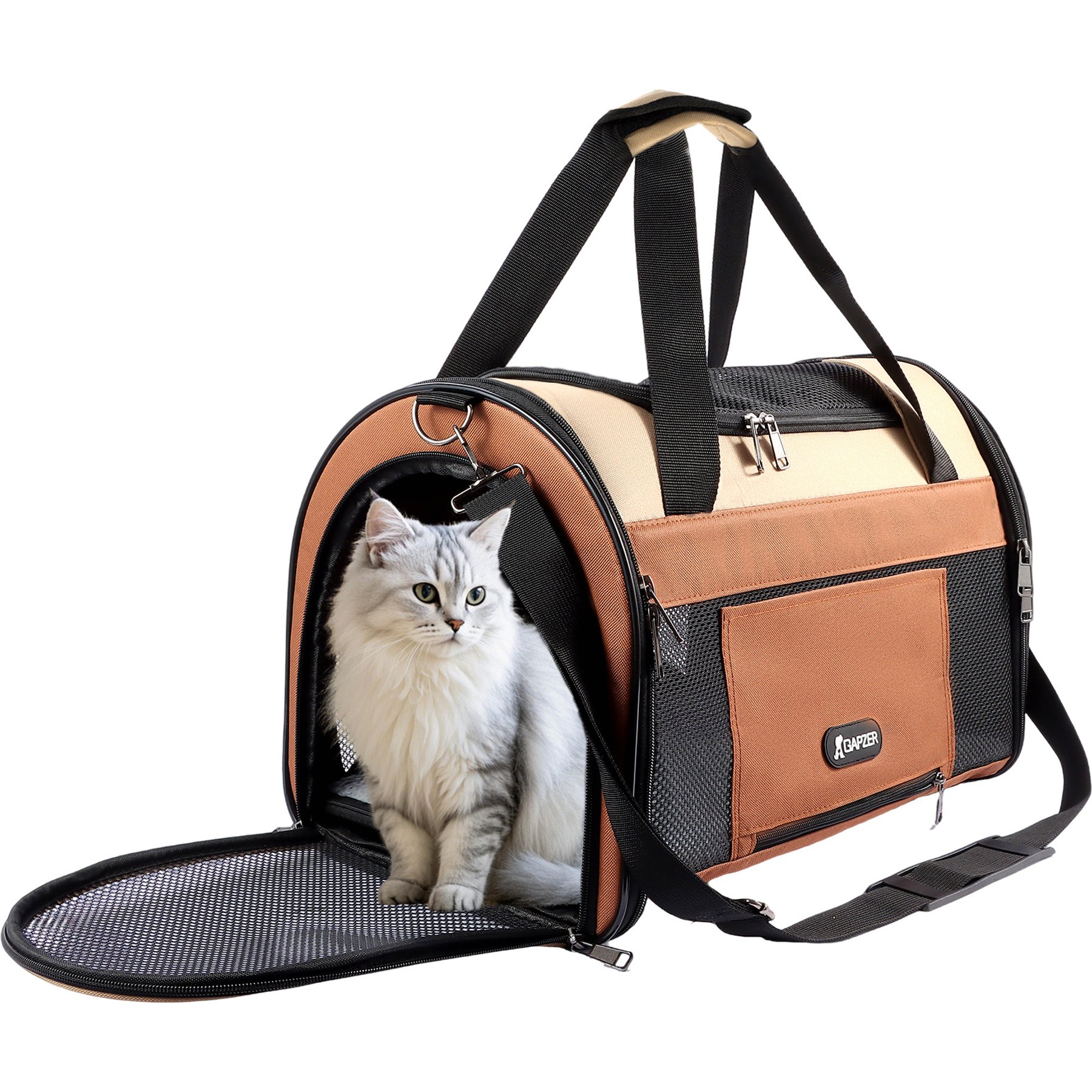 DOPZER Soft Sided Collapsible Airline Approved Dog & Cat Carrier Bag, 18.8 x 11.8 x 12.6-in, Brown