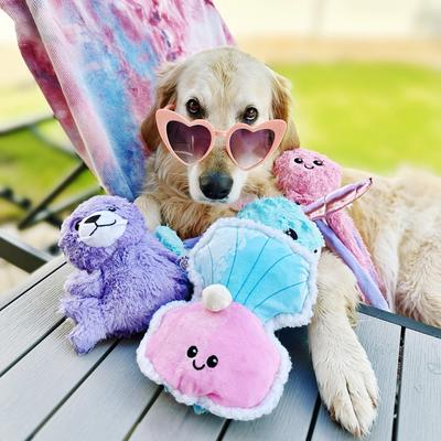 Show full view: Bundle x Joy Oyster & Pearl Surprise Squeaky Crinkle Plush Dog Toy, Pink & Blue, Medium slide 4 of 5