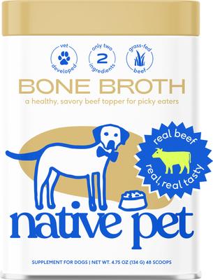 Show full view: Native Pet Relief Chicken Joint Supplement, 60 count + Beef Bone Broth Powder Dog & Cat Food Topper, 4.75-oz slide 5 of 8