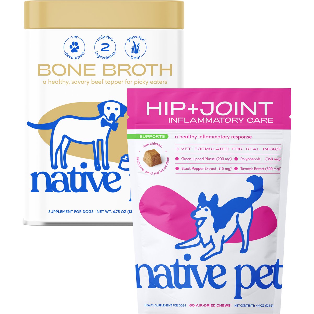 Native Pet Relief Chicken Joint Supplement, 60 count + Beef Bone Broth Powder Dog & Cat Food Topper, 4.75-oz