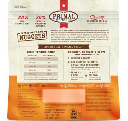 Show full view: Primal Beef Formula Nuggets Grain-Free Raw Freeze-Dried Dog Food, 14-oz bag slide 3 of 12