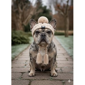 Fabulous Fido Beanie with Ear Holes & Adjustable Chin Strap Dog Knit Hat, Beige, Medium