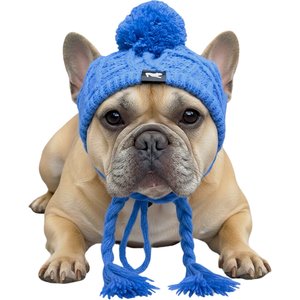 Fabulous Fido Beanie with Ear Holes & Adjustable Chin Strap Dog Knit Hat, Blue, Medium