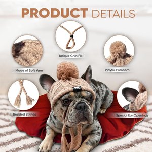 Fabulous Fido Beanie with Ear Holes & Adjustable Chin Strap Dog Knit Hat, Beige, Medium