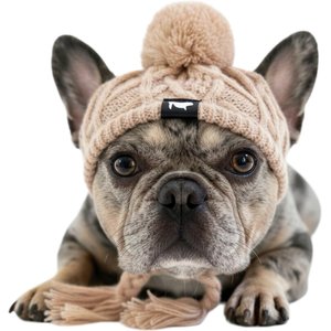 Fabulous Fido Beanie with Ear Holes & Adjustable Chin Strap Dog Knit Hat, Beige, Medium
