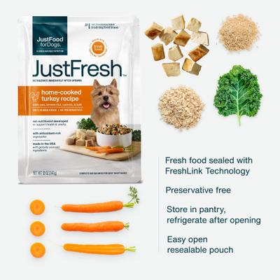 Show full view: JustFoodForDogs JustFresh Human Grade Home-Cooked Turkey Recipe Fresh Dog Food, 12-oz pouch, pack of 7 slide 5 of 11
