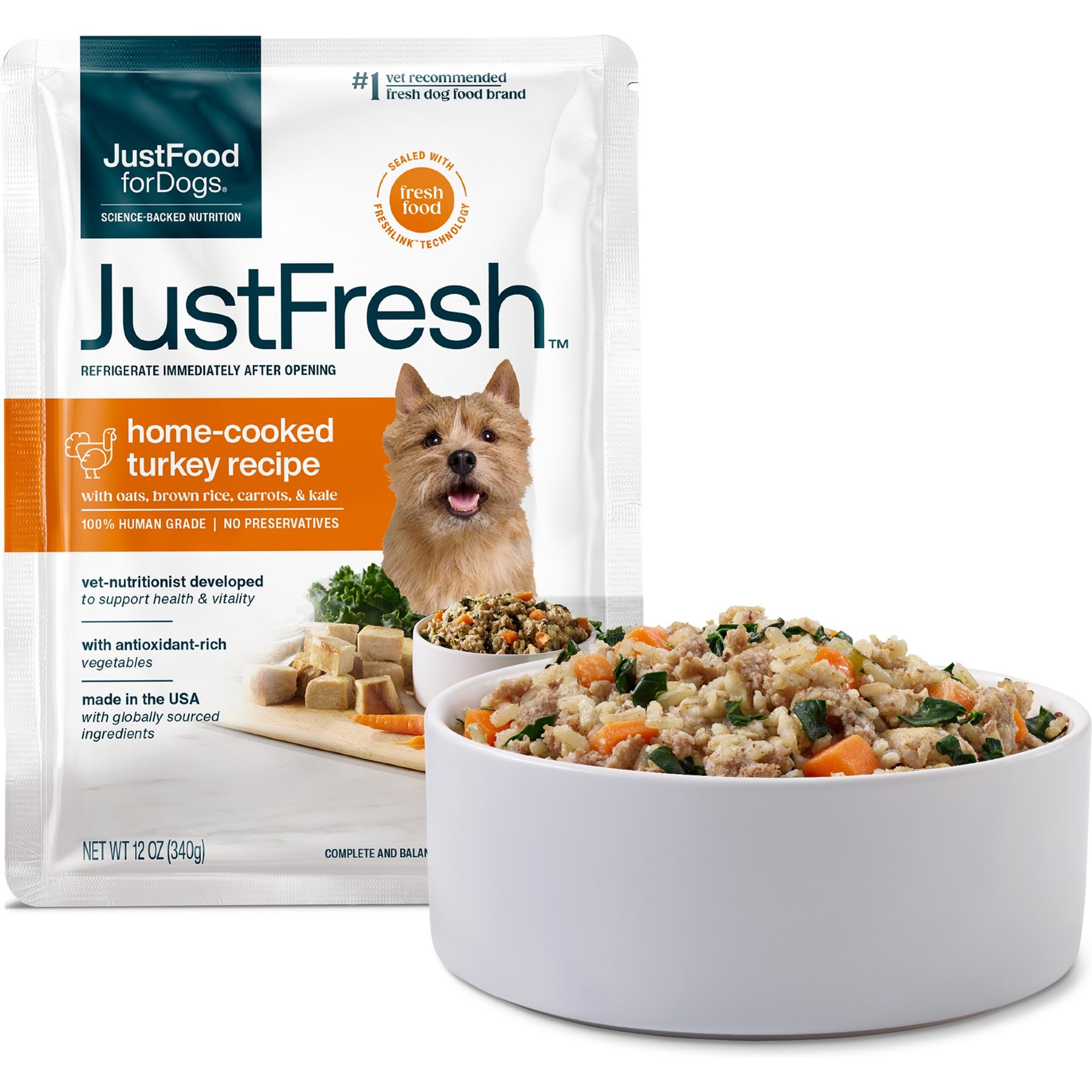 JustFoodForDogs JustFresh Human Grade Home-Cooked Turkey Recipe Fresh Dog Food, 12-oz pouch, bundle of 14