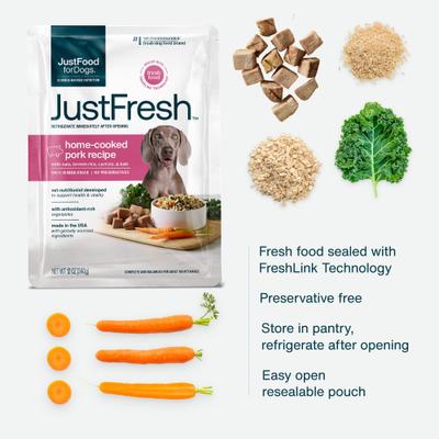 Show full view: JustFoodForDogs JustFresh Human Grade Home-Cooked Pork Recipe Fresh Dog Food, 12-oz pouch, pack of 7 slide 5 of 11