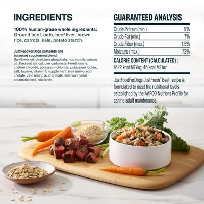 JustFoodForDogs JustFresh Human Grade Home-Cooked Beef Recipe Fresh Dog Food, 12-oz pouch