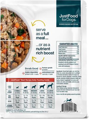 Show full view: JustFoodForDogs JustFresh Human Grade Home-Cooked Beef Recipe Fresh Dog Food, 12-oz pouch, pack of 7 slide 4 of 13