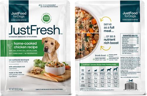 Show full view: JustFoodForDogs JustFresh Human Grade Home-Cooked Chicken & Beef Fresh Dog Food Combo, 12-oz pouch, case of 14 (7 Beef + 7 Chicken) slide 6 of 7