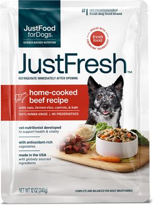 Show full view: JustFoodForDogs JustFresh Human Grade Home-Cooked Beef Recipe Fresh Dog Food, 12-oz pouch, pack of 7 slide 3 of 13